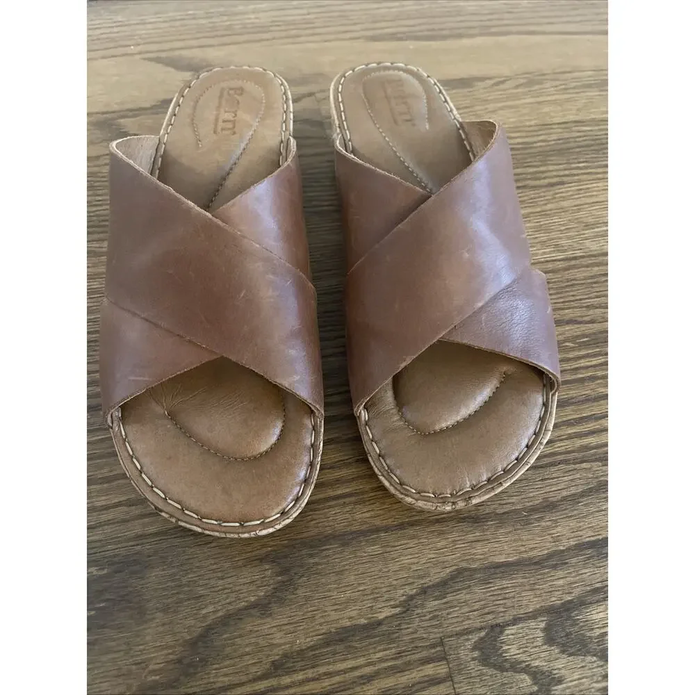 Born Leather Wedge Sandals Womens 9/40.5 Brown Criss Cross Slip On Comfort Sole